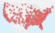 Map of the United States covered with hundreds of red location pin markers showing geographic distribution of data points across all states.