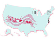 Editorial illustration of the United States shaped as an Official Election Mail envelope authorized by the U.S. Postal Service.