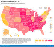 Choropleth map of the US showing the relative value of $100 in each state, with Mississippi highest at $115.21 and DC lowest at $84.96, colored from yellow (less valuable) to dark pink (more valuable).