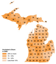 Choropleth map of Michigan counties showing Huckabee's vote share in the 2008 primary, with each county labeled by percentage and shaded by four ranges from less than 10% to 20% or more.