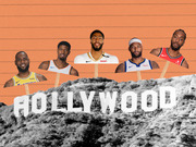 Editorial illustration showing five NBA players as cutout figures rising above the Hollywood sign, representing star players linked to Los Angeles teams.