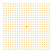 A grid of orange dots with one red dot near the center, likely representing a 1-in-many statistical proportion.