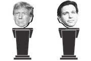 Black and white editorial illustration showing two disembodied heads of Donald Trump and Ron DeSantis atop debate podiums.