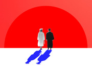 Editorial illustration of two graduates in cap and gown standing before a large red semicircle with blue shadows cast behind them.
