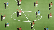 Editorial illustration of a soccer field with multiple referees showing red cards to players in orange and blue jerseys scattered across the pitch.