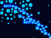 Editorial illustration showing glowing blue neon EXIT signs and downward arrows amid floating virus-like orbs on a dark background.
