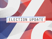 Decorative editorial header graphic with red, white, and blue abstract shapes and the text Election Update in a bordered label.