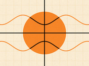 Editorial illustration combining a basketball with graph axes and sine wave curves on a grid background, symbolizing basketball analytics.