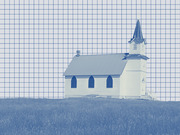 Blue-tinted editorial illustration of a rural white church with steeple in a grassy field, overlaid with a grid pattern background.