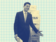Duotone editorial photo illustration of a smiling man in a suit standing in front of stacked boxes labeled TAX CUTS NOW and Job Creators Network on a grid background.