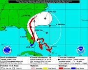 NOAA National Hurricane Center forecast track map for Hurricane Matthew on October 6, 2016, showing the probable path cone along the US East Coast from the Bahamas through the Southeast.
