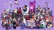 Collage illustration of numerous Super Bowl halftime show performers including Rihanna, Beyonce, Prince, Michael Jackson, Lady Gaga, Snoop Dogg, and many others on a purple background.