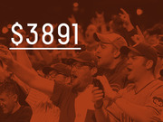 Red-tinted photo of cheering baseball fans overlaid with large white text showing a price of $3891.