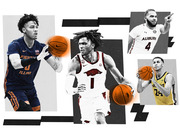 Editorial collage illustration of four college basketball players in uniforms from Illinois, Arkansas, Auburn, and Iowa with stylized geometric background elements.