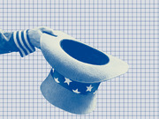 Blue-tinted editorial illustration of a hand in a striped sleeve holding an upside-down Uncle Sam top hat with stars, on a grid background.