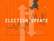 FiveThirtyEight Election Update branded editorial graphic featuring charts, arrows, hexagons, and data visualization elements on an orange background.