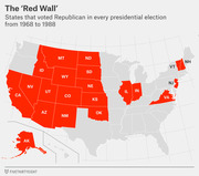 US map highlighting in red the states that voted Republican in every presidential election from 1968 to 1988, known as the 'Red Wall'.