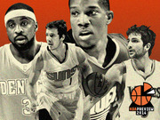 Editorial illustration of four NBA basketball players in black and white on a red background with an NBA Preview 2014 logo.