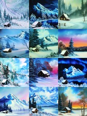 A grid of twelve Bob Ross-style oil paintings depicting snowy winter landscapes with cabins, mountains, and evergreen trees in various color palettes.