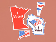 Editorial illustration showing I Voted stickers shaped like US states including Minnesota, Wisconsin, Connecticut, and Vermont on a pink background.