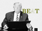 Black and white editorial illustration of a man in a suit at a desk with the word BEAT in large olive-green letters beside him.