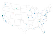 Dot map of the United States showing locations marked with blue circles of varying shades and sizes across states.