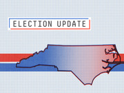 Decorative editorial illustration showing the outline of North Carolina with a blue-to-red gradient and the text Election Update on a grid background.