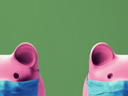 Two stylized pink piggy banks wearing blue surgical masks against a green background, an editorial illustration likely related to healthcare costs or savings.