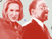 Editorial illustration showing two figures in red tones on a light background with decorative star shapes, appearing to depict political personalities.