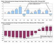 Two bar charts showing one-month and 12-month percent change in the Import Price Index from February 2009 to February 2010.