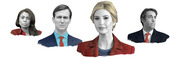 Editorial illustration showing four stylized portrait busts of political figures in grayscale with red color accents on white background.
