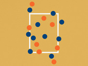 Abstract illustration of blue and orange dots scattered around a white rectangle outline on a golden yellow background.