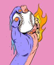 Comic-style illustration of two hands holding a baseball, one icy blue and dripping with frost, the other on fire with flames, on a pink background.