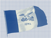 The Iowa state flag displayed against a grid background, shown in blue and white tones with an eagle and state motto ribbons.