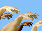 Editorial illustration showing multiple hands of different skin tones reaching toward each other against a blue background, reminiscent of Michelangelo's Creation of Adam.