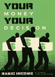 Retro-style editorial illustration showing silhouetted figures holding large checks on a green background, promoting basic income with bold text.