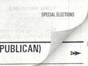 Editorial illustration showing a curling page corner over a blurred newspaper background with the words Special Elections and Republican visible.