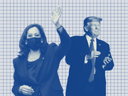 Blue-tinted editorial illustration of two political figures, a woman wearing a mask and a man waving, against a grid background.