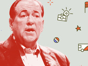Editorial illustration of a red-tinted politician speaking, surrounded by campaign-themed icons including a camera, flag, star, no-sign, and campaign bus on a light green background.