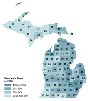 Choropleth map of Michigan counties showing Romney's share of the vote in 2008, with values ranging from under 30% to 40% or more indicated by shading and labeled numbers.