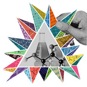 Collage illustration featuring a chemistry flask and molecular model inside a triangle, surrounded by colorful geometric shapes made from textbook and chart fragments.