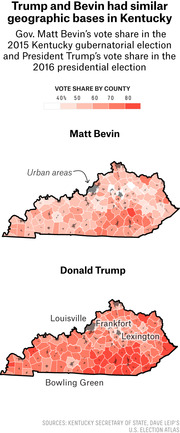 Two county-level choropleth maps of Kentucky comparing Matt Bevin's 2015 gubernatorial vote share and Donald Trump's 2016 presidential vote share by county.