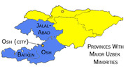 Map of Kyrgyzstan highlighting provinces with major Uzbek minorities in blue, including Osh, Batken, and Jalal-Abad, with remaining regions in yellow.