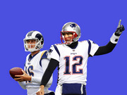Editorial illustration of two NFL quarterbacks, one in a Los Angeles Rams uniform and one in a New England Patriots number 12 jersey, against a blue background.