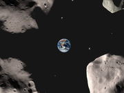 Editorial illustration showing Earth surrounded by asteroids of various sizes in space, depicting asteroid threat concept.