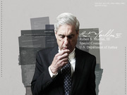 Editorial illustration of Robert S. Mueller III, Special Counsel, overlaid with legal indictment documents and his signature from the U.S. Department of Justice.