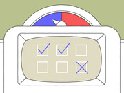 Editorial illustration showing a gauge or meter with blue and red sections above a panel with checkboxes, two checked and one marked with an X.