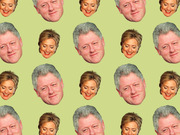 Repeating pattern of cut-out faces of Bill and Hillary Clinton arranged on a light green background, used as decorative editorial art.