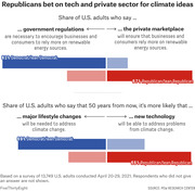 Diverging bar chart showing partisan differences on climate solutions: 81% of Democrats favor government regulations vs 67% of Republicans favoring private marketplace, and 69% Democrats prefer lifestyle changes vs 66% Republicans prefer new technology.