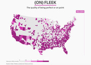 Choropleth map of the US showing Twitter usage frequency of the slang term 'on fleek' by county in November 2014, with darker purple indicating higher uses per million words.